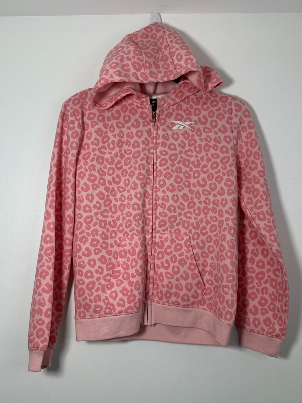 Reebok Girls L 14/16 Pink Leopard Print Full Zip Hoodie NWT Logo Sweatshirt